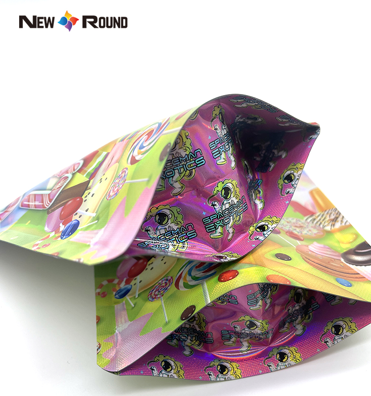 Изготовленные на заказ майларовые пакеты, голографическая глянцевая, блестящая, радужная, запахозащищенная молния, 3,5 грамма, герметичная майларовая клейкая упаковка